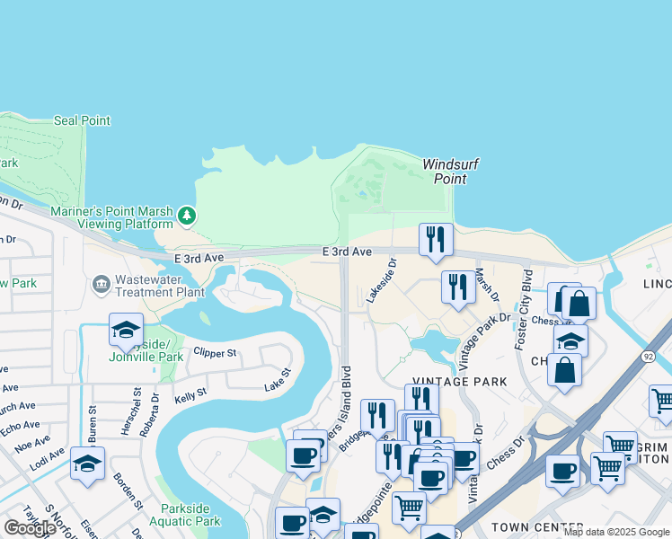 map of restaurants, bars, coffee shops, grocery stores, and more near 400 Mariners Island Boulevard in San Mateo