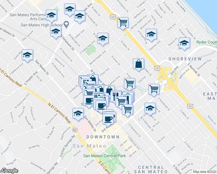 map of restaurants, bars, coffee shops, grocery stores, and more near 701 Cypress Avenue in San Mateo