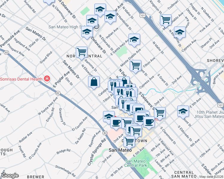 map of restaurants, bars, coffee shops, grocery stores, and more near 338 Catalpa Street in San Mateo
