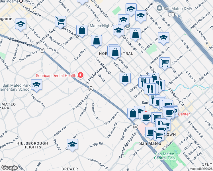 map of restaurants, bars, coffee shops, grocery stores, and more near 313 Elm Street in San Mateo