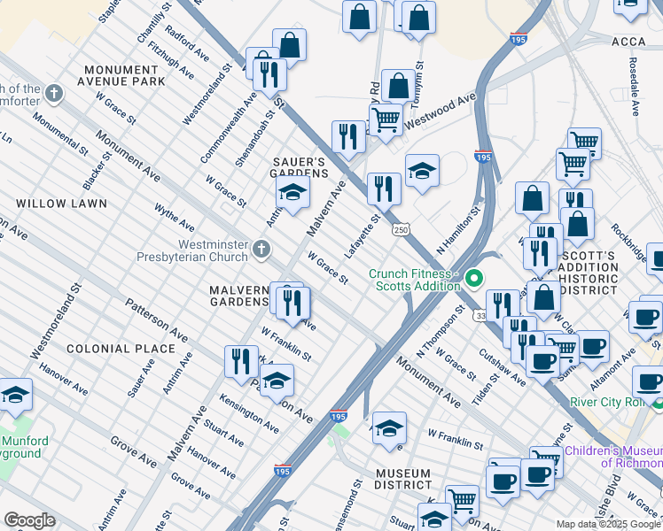 map of restaurants, bars, coffee shops, grocery stores, and more near 4002 West Grace Street in Richmond