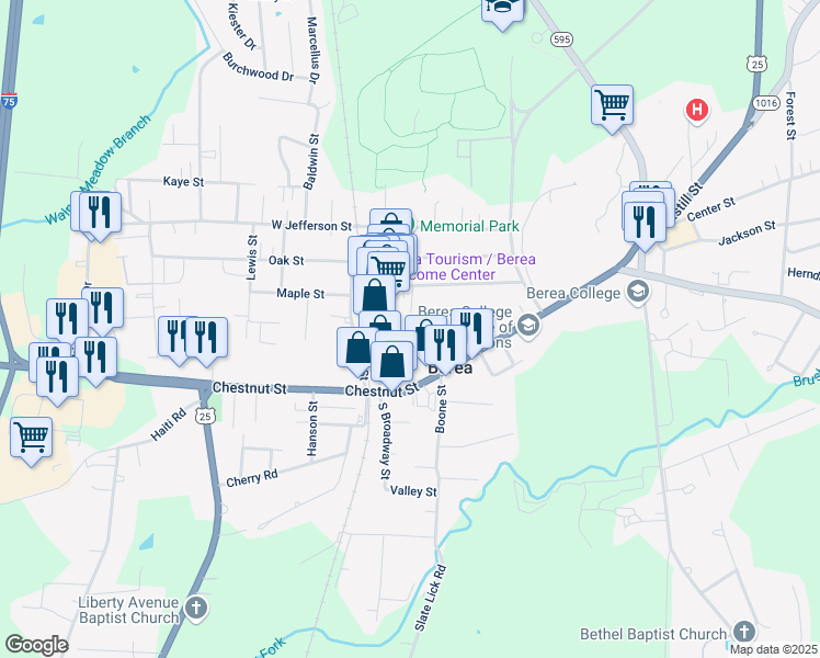 map of restaurants, bars, coffee shops, grocery stores, and more near 128 North Broadway in Berea