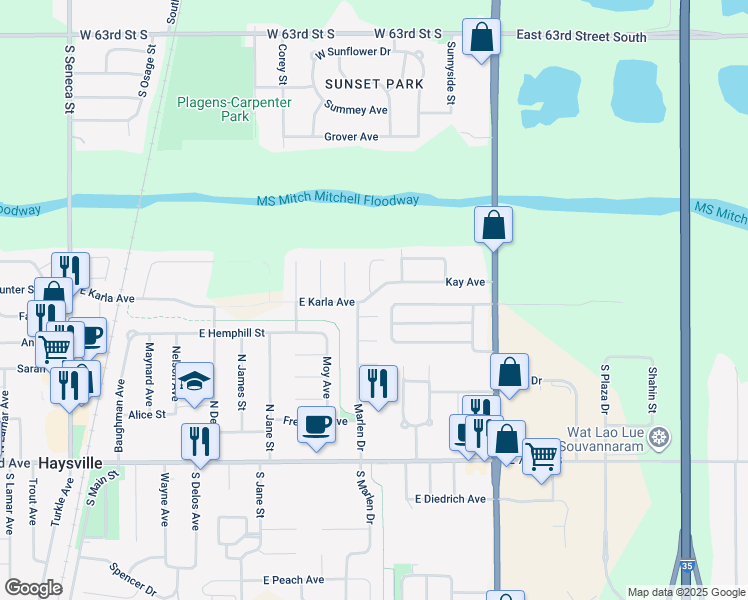 map of restaurants, bars, coffee shops, grocery stores, and more near 1012 Karla Court in Haysville