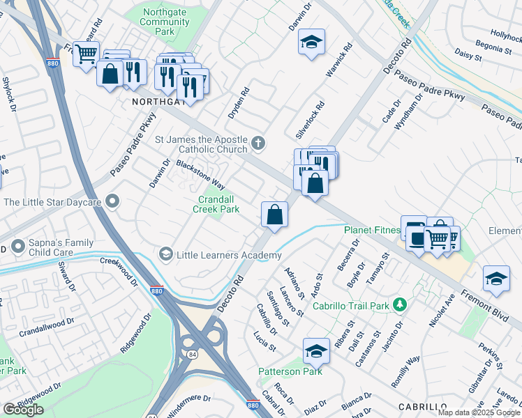 map of restaurants, bars, coffee shops, grocery stores, and more near 34858 Blackstone Way in Fremont