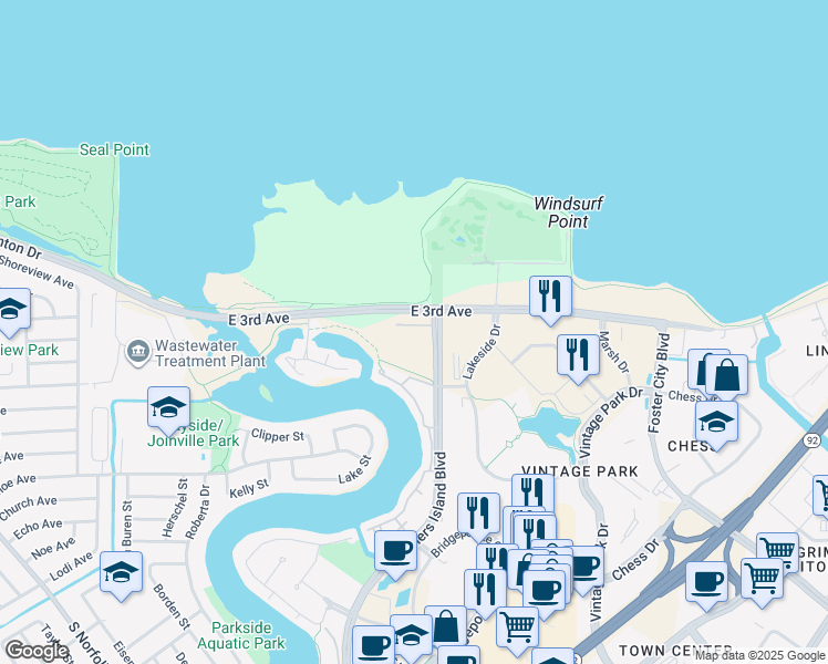 map of restaurants, bars, coffee shops, grocery stores, and more near 400 Mariners Island Boulevard in San Mateo