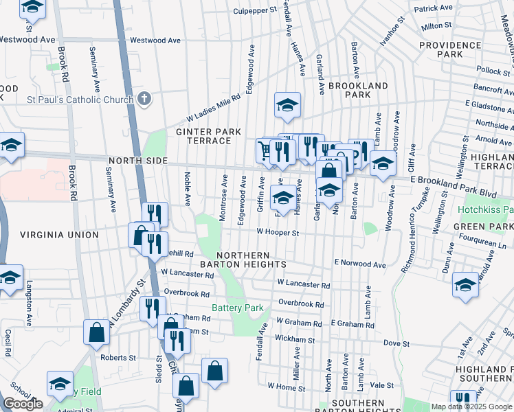 map of restaurants, bars, coffee shops, grocery stores, and more near 2824 Griffin Avenue in Richmond