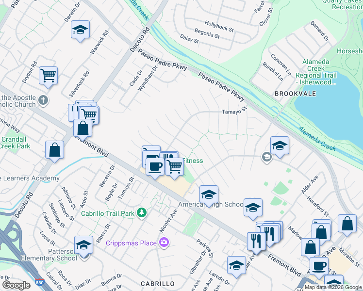 map of restaurants, bars, coffee shops, grocery stores, and more near 35597 Galen Place in Fremont