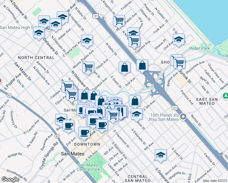 map of restaurants, bars, coffee shops, grocery stores, and more near 121 South Fremont Street in San Mateo