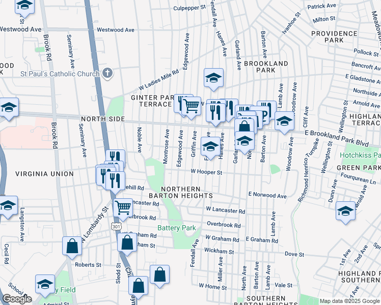 map of restaurants, bars, coffee shops, grocery stores, and more near 2824 Griffin Avenue in Richmond