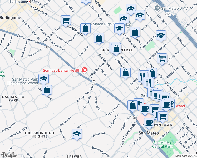 map of restaurants, bars, coffee shops, grocery stores, and more near 316 El Camino Real in San Mateo