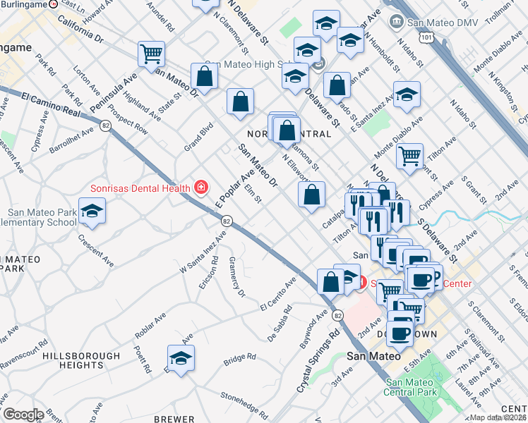 map of restaurants, bars, coffee shops, grocery stores, and more near 249 Elm Street in San Mateo