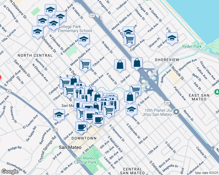 map of restaurants, bars, coffee shops, grocery stores, and more near 121 South Fremont Street in San Mateo
