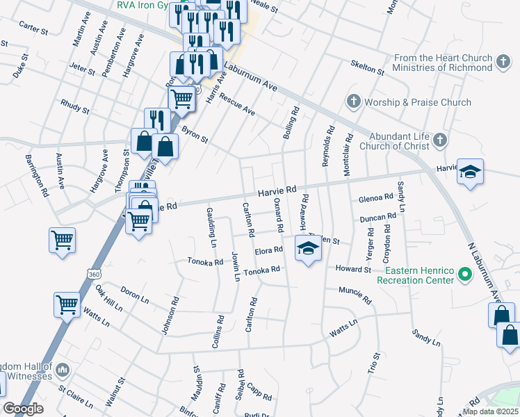 map of restaurants, bars, coffee shops, grocery stores, and more near 2704 Elgin Road in Richmond