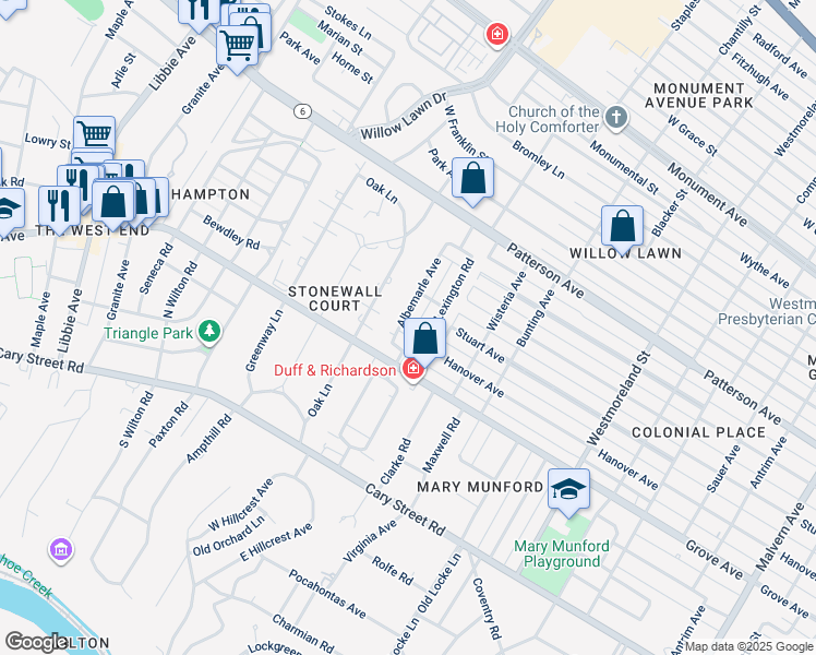 map of restaurants, bars, coffee shops, grocery stores, and more near 315 Albemarle Avenue in Richmond