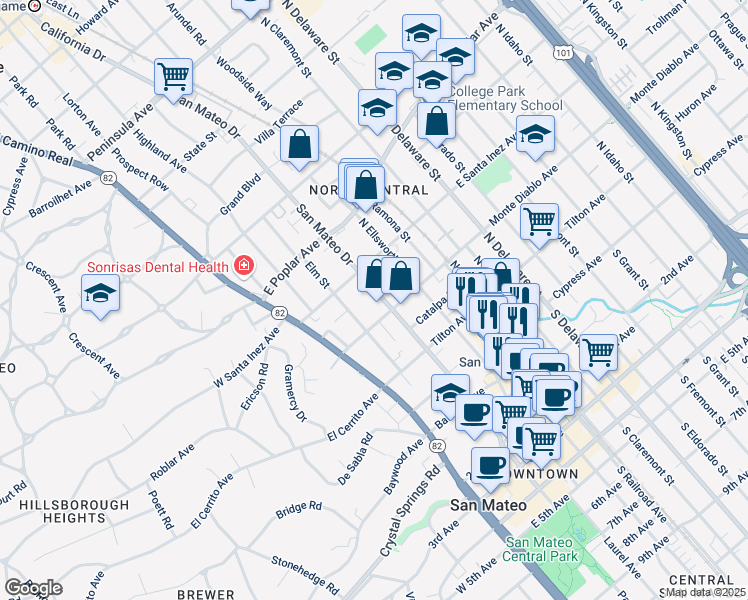 map of restaurants, bars, coffee shops, grocery stores, and more near 247 North San Mateo Drive in San Mateo