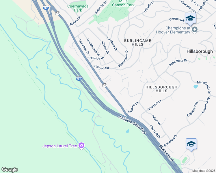 map of restaurants, bars, coffee shops, grocery stores, and more near 1 Scott Court in Hillsborough