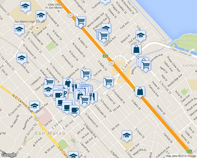 map of restaurants, bars, coffee shops, grocery stores, and more near 26 Creekside Lane in San Mateo