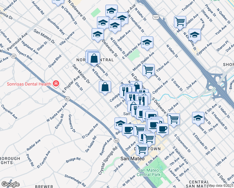 map of restaurants, bars, coffee shops, grocery stores, and more near 305 Catalpa Street in San Mateo