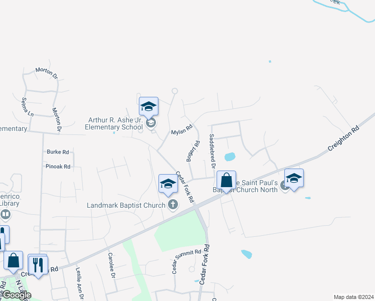 map of restaurants, bars, coffee shops, grocery stores, and more near 827 Bogart Road in Richmond