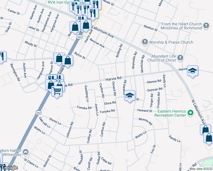 map of restaurants, bars, coffee shops, grocery stores, and more near 2704 Elgin Road in Richmond