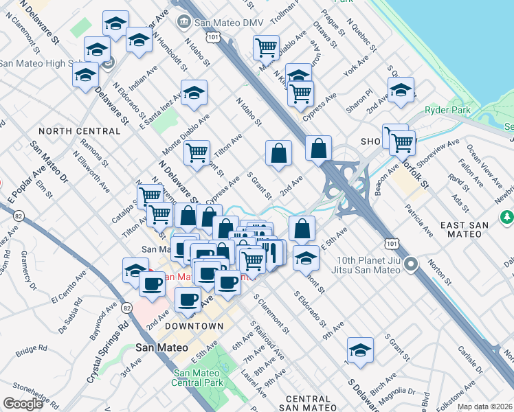 map of restaurants, bars, coffee shops, grocery stores, and more near 121 South Fremont Street in San Mateo