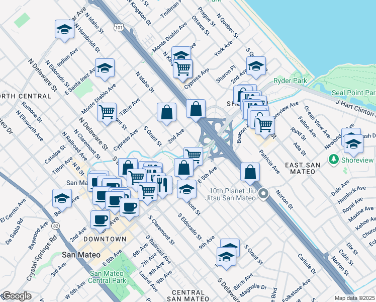 map of restaurants, bars, coffee shops, grocery stores, and more near 236 South Idaho Street in San Mateo