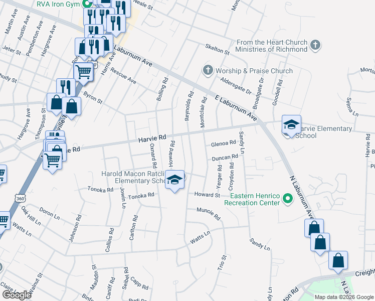 map of restaurants, bars, coffee shops, grocery stores, and more near 3429 Reynolds Road in Richmond