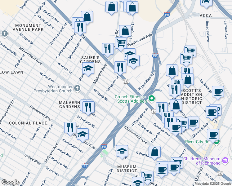 map of restaurants, bars, coffee shops, grocery stores, and more near 3901 Augusta Avenue in Richmond