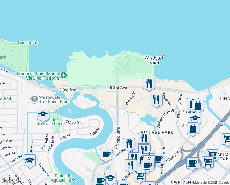 map of restaurants, bars, coffee shops, grocery stores, and more near 400 Mariners Island Boulevard in San Mateo