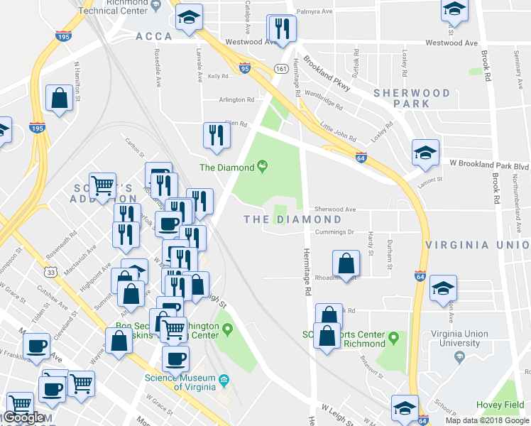 map of restaurants, bars, coffee shops, grocery stores, and more near Avenue of Champions in Richmond