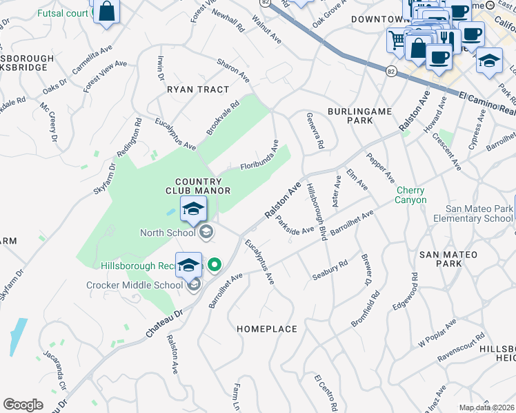 map of restaurants, bars, coffee shops, grocery stores, and more near 2200 Ralston Avenue in Hillsborough