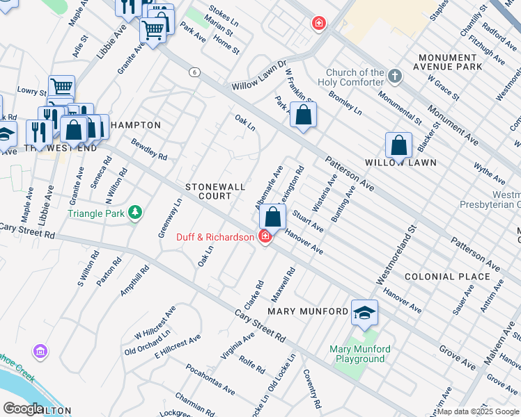 map of restaurants, bars, coffee shops, grocery stores, and more near 315 Albemarle Avenue in Richmond