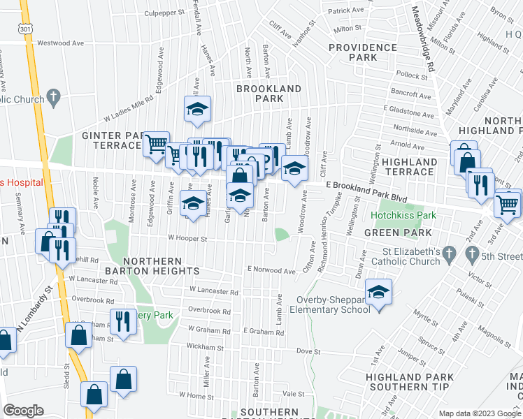 map of restaurants, bars, coffee shops, grocery stores, and more near 2900 Barton Avenue in Richmond