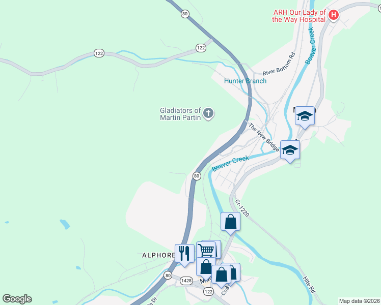 map of restaurants, bars, coffee shops, grocery stores, and more near 128 Autumn Drive in Martin