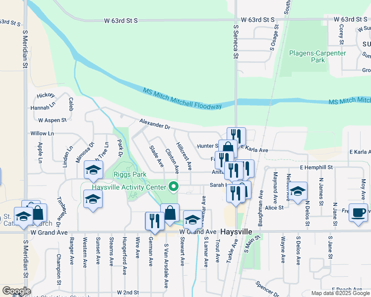 map of restaurants, bars, coffee shops, grocery stores, and more near 410 Fager Drive in Haysville