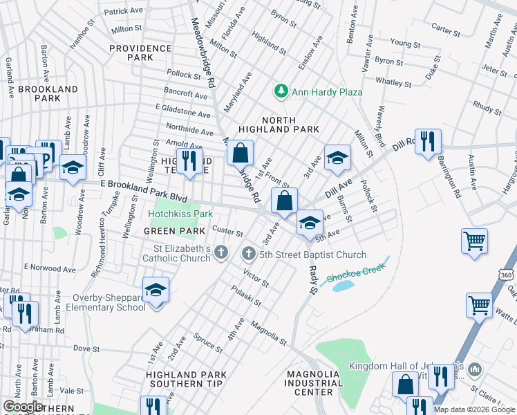 map of restaurants, bars, coffee shops, grocery stores, and more near 3000 Meadowbridge Road in Richmond