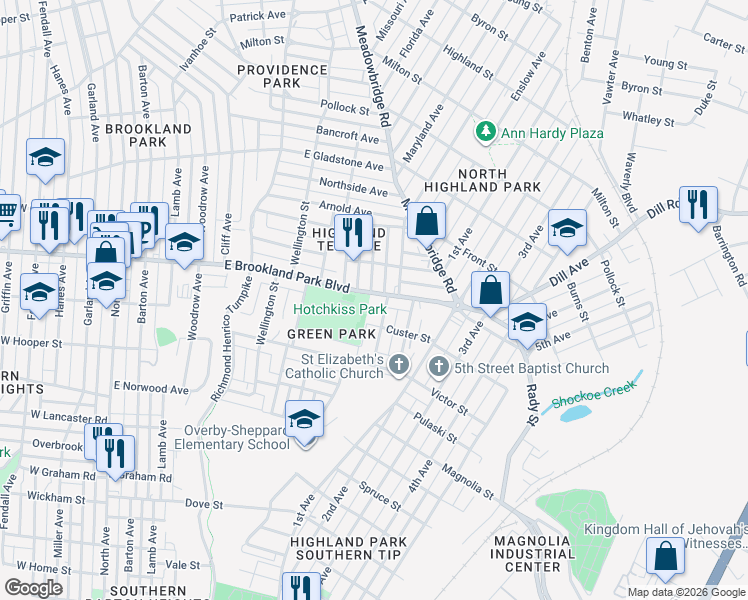 map of restaurants, bars, coffee shops, grocery stores, and more near 3001 Letcher Avenue in Richmond