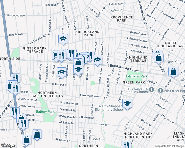 map of restaurants, bars, coffee shops, grocery stores, and more near 2902 Lamb Avenue in Richmond