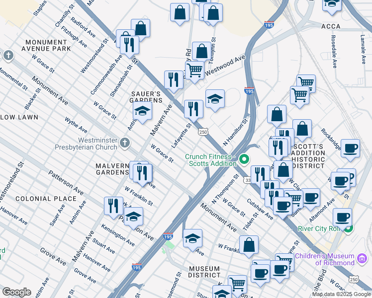 map of restaurants, bars, coffee shops, grocery stores, and more near 3908 Cutshaw Avenue in Richmond