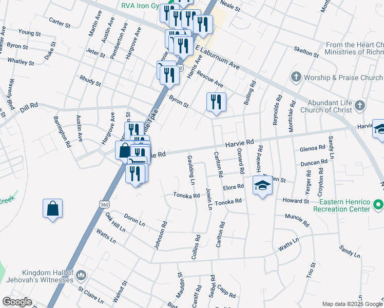 map of restaurants, bars, coffee shops, grocery stores, and more near 2601 Harvie Road in Richmond
