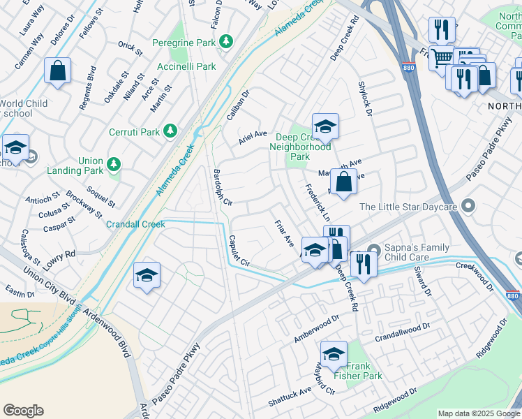 map of restaurants, bars, coffee shops, grocery stores, and more near 33478 Bardolph Circle in Fremont