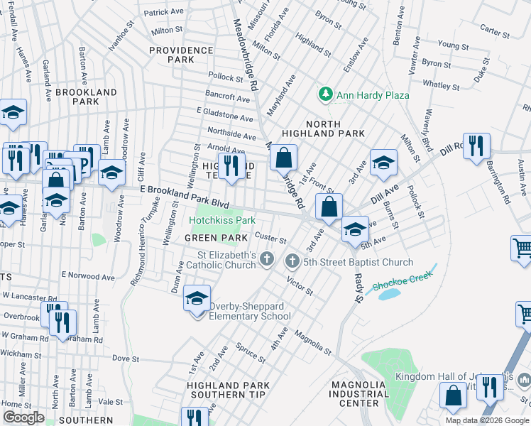 map of restaurants, bars, coffee shops, grocery stores, and more near 1111 East Brookland Park Boulevard in Richmond
