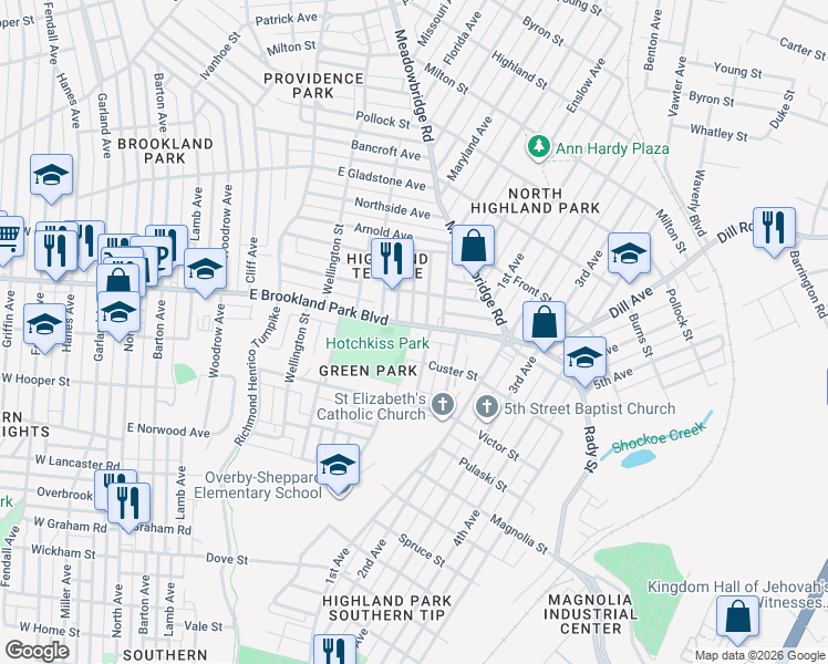 map of restaurants, bars, coffee shops, grocery stores, and more near 3001 Letcher Avenue in Richmond