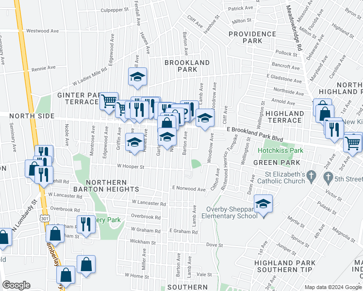 map of restaurants, bars, coffee shops, grocery stores, and more near 2911 Barton Avenue in Richmond