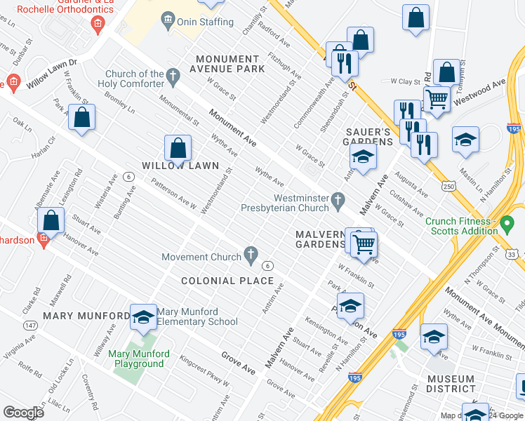 map of restaurants, bars, coffee shops, grocery stores, and more near 4412 West Franklin Street in Richmond