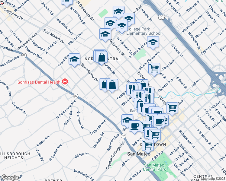 map of restaurants, bars, coffee shops, grocery stores, and more near 205 Monte Diablo Avenue in San Mateo
