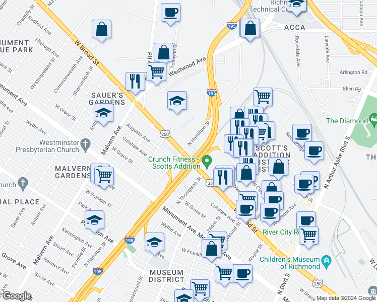 map of restaurants, bars, coffee shops, grocery stores, and more near 3716 West Broad Street in Richmond