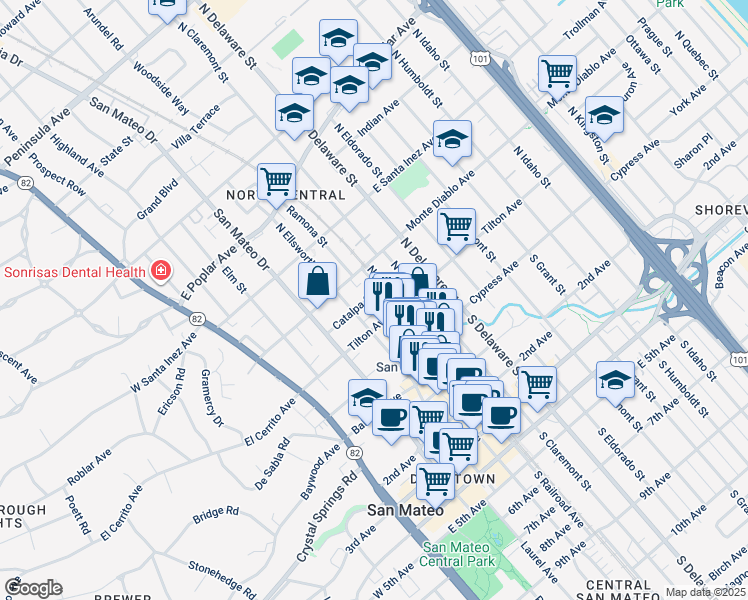 map of restaurants, bars, coffee shops, grocery stores, and more near 324 Catalpa Street in San Mateo