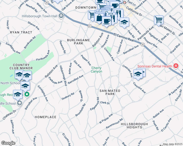 map of restaurants, bars, coffee shops, grocery stores, and more near 613 Barroilhet Avenue in San Mateo