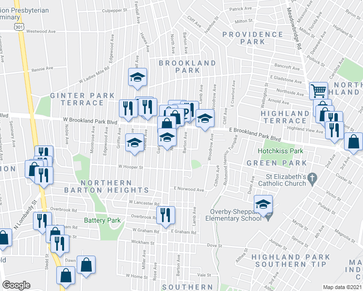 map of restaurants, bars, coffee shops, grocery stores, and more near 2911 Barton Avenue in Richmond